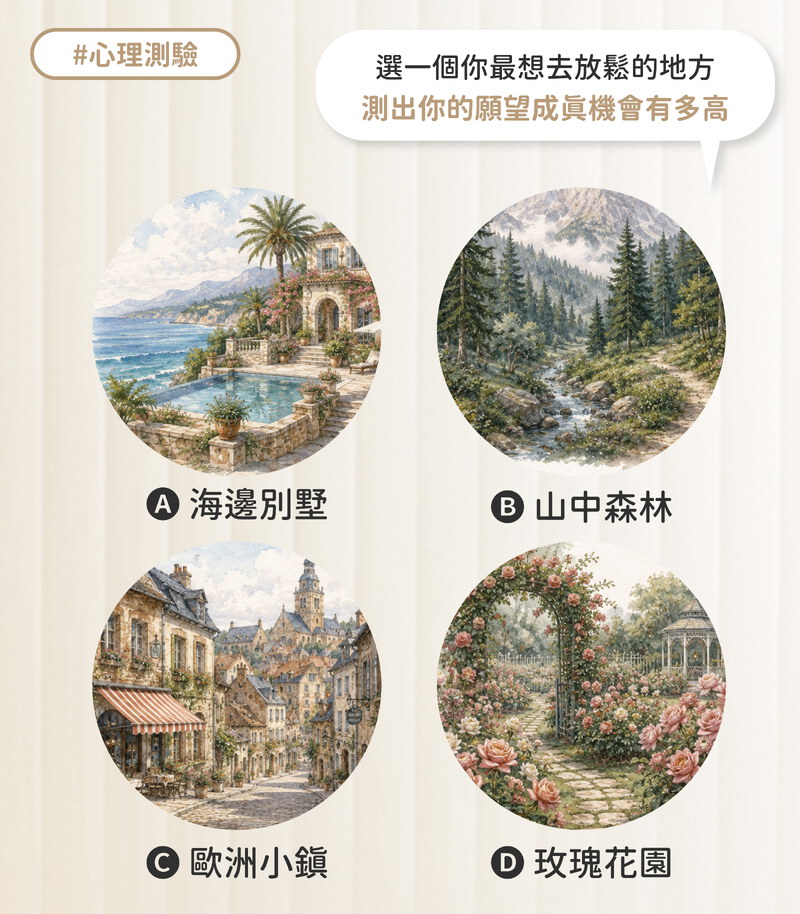 選一個你最想去放鬆的地方，測出你的願望成真機會有多高 ?