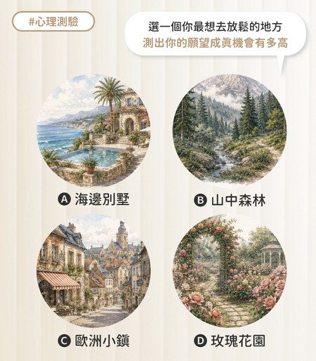 選一個你最想去放鬆的地方，測出你的願望成真機會有多高 ?