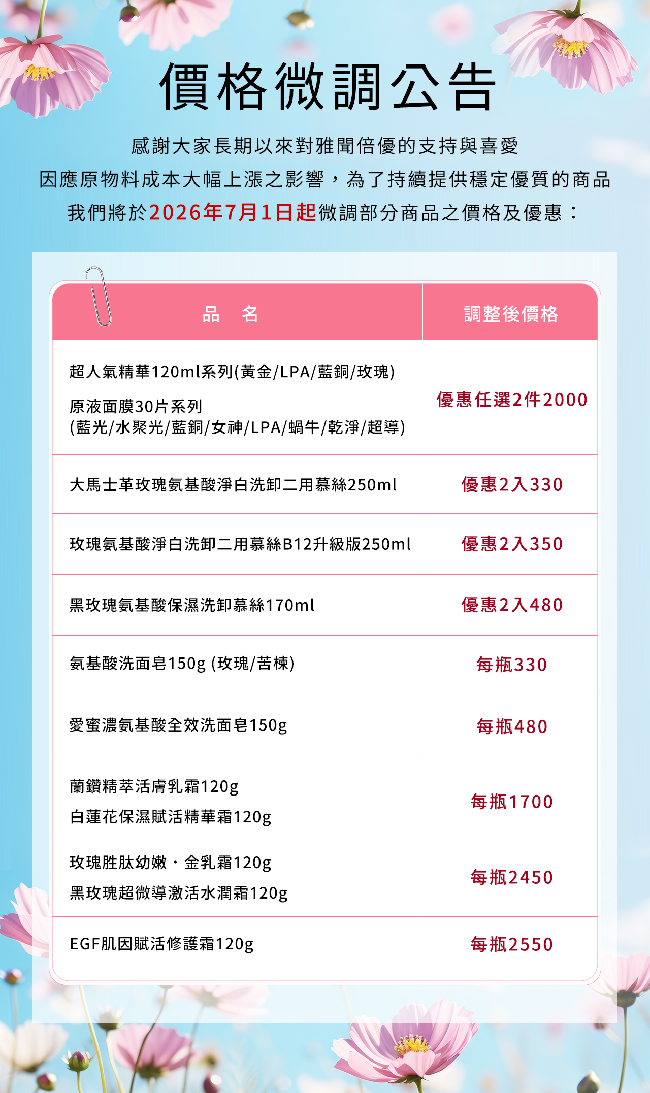 價格調整公告